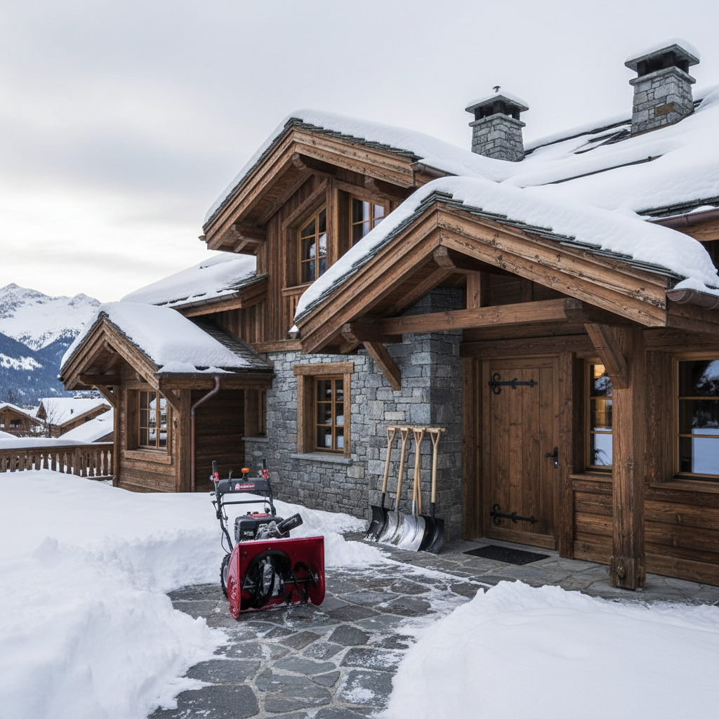 A carefully detailed view of a chalet’s exterior winter maintenance scene without any people present. In the foreground, a high-end snow blower and neatly stored shovels rest beside a cleared stone pathway leading to a solid wooden front door, its hardware polished and hinges well-oiled. The chalet’s roof shows evenly distributed snow with visible evidence of cleared areas around chimneys and vents to prevent ice buildup. Early morning overcast light provides soft, diffused illumination, minimizing harsh shadows and emphasizing textures in the snow, stone, and timber. Photographic realism captured from a slightly low, three-quarter angle accentuates the chalet’s robust structure and the thoroughness of preventive care. The atmosphere is quietly diligent and dependable, reflecting attentive seasonal maintenance in the French Alps.
