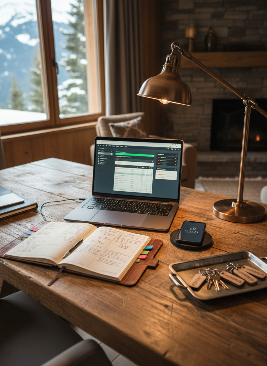 A polished property management control station set up on a sturdy wooden desk inside a chalet office, without any human presence. A sleek laptop displays a dashboard of scheduled maintenance tasks and sensor alerts, while beside it lies an open leather-bound logbook with precise handwritten entries and color-coded tabs. A smartphone rests on a wireless charger next to labeled chalet key sets, all arranged in a tidy metal tray. Warm, focused desk lighting casts a soft pool of light over the workspace, while natural daylight from a side window adds a gentle, cool balance. Photographic realism with a slightly elevated angle and shallow depth of field keeps the central tools in crisp focus while softly blurring the chalet interior background. The mood is calm, competent, and highly organized, illustrating the technical concierge aspect of MVLN’s service.