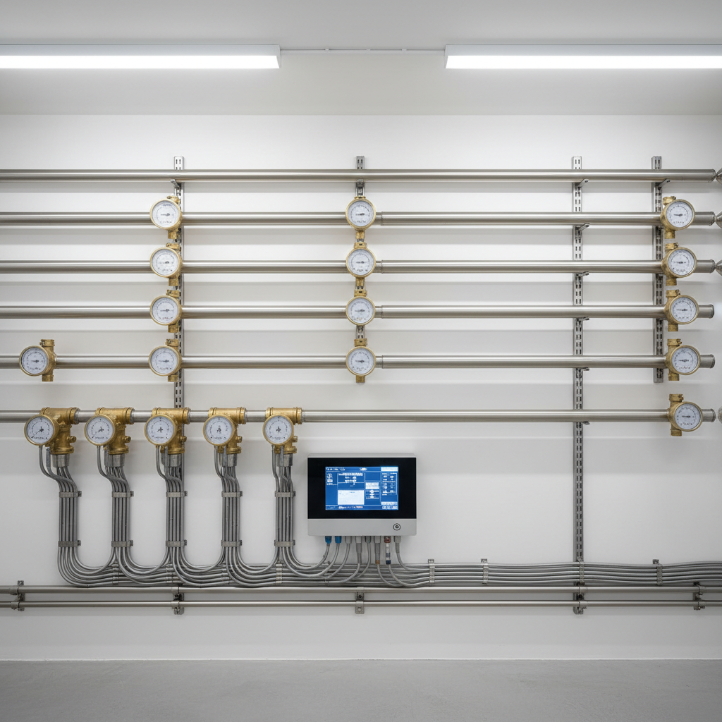 The interior of a luxury alpine chalet technical room, showcasing a spotless, state-of-the-art heating and boiler system. Stainless steel pipes run in perfect parallel lines along a pristine white wall, neatly labeled valves and gauges indicating pressure and temperature. A modern control panel with a clear digital screen glows softly, surrounded by carefully routed cables secured with matching clips. Overhead, diffused LED strip lighting evenly illuminates the room, creating subtle reflections on metal surfaces and soft shadows on the floor. Shot in photographic realism at eye level with symmetrical framing, the image feels precise and controlled. The atmosphere is highly professional and reassuring, emphasizing reliability, preventive maintenance, and the unseen technical excellence that keeps luxury chalets comfortable all winter.