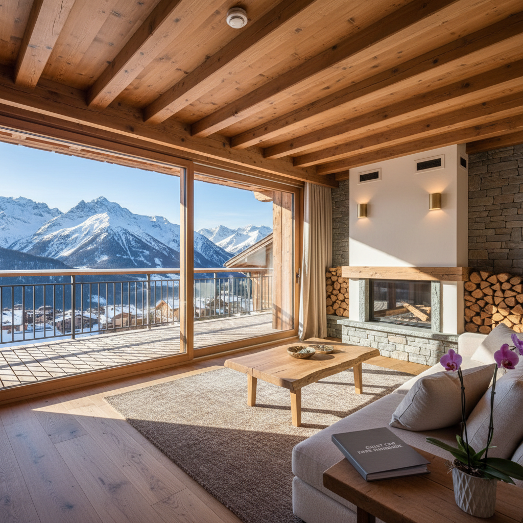 A sunlit chalet living room featuring large panoramic windows looking onto snowy mountain peaks, with every element showing evidence of professional maintenance. The wooden beams appear freshly conditioned, a stone fireplace is impeccably clean with neatly stacked firewood, and all fixtures—wall lamps, thermostats, and smoke detectors—look recently checked and properly aligned. Outside the window, a cleared balcony and well-maintained exterior railings are visible. Soft natural daylight floods the room, creating warm highlights on the wood floor and gentle shadows behind furniture. Captured in photographic realism from a wide-angle, eye-level perspective, the composition uses asymmetrical balance to showcase both interior comfort and exterior care. The mood is serene, discreetly luxurious, and secure, conveying the peace of mind offered by professional chalet management.