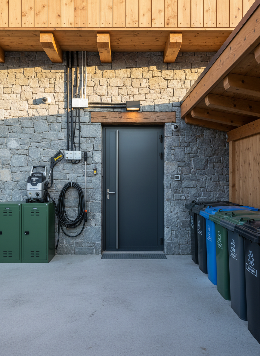 The back entrance of a luxury chalet dedicated to service operations, highlighting discrete, professional maintenance activity without any people. A heavy-duty but impeccably clean service door is framed by well-sealed stonework and tidy cabling for exterior lighting and security systems. Nearby, labeled storage cabinets, neatly coiled hoses, and a compact pressure washer sit on a spotless concrete pad. A covered area shelters stacked, clearly marked containers for recycling and waste, all aligned and closed. Late afternoon natural light combined with a subtle exterior wall sconce creates a balanced, realistic illumination that reveals textures in wood, metal, and stone while casting gentle, directional shadows. Shot in photographic realism at eye level with a balanced, documentary-style composition, the image feels discreet yet extremely professional, showcasing behind-the-scenes chalet upkeep for demanding property owners.