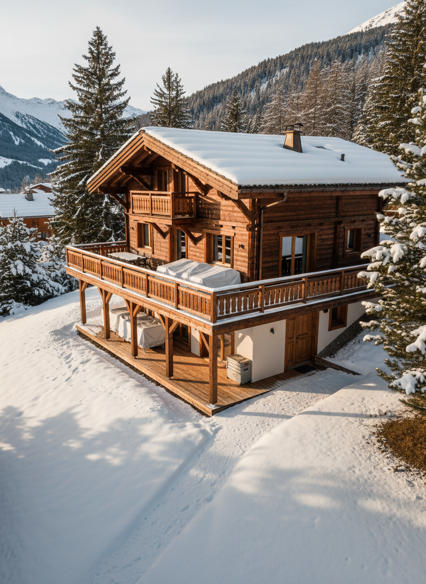A meticulously maintained luxury wooden chalet perched on a gentle snowy slope in the French Alps, its dark timber façade freshly oiled and immaculate, gutters cleared and roof tiles perfectly aligned. The wide terrace railings appear newly varnished, with neatly stacked, covered outdoor furniture and a discreet toolbox tucked beside a service door. Late afternoon alpine sunlight casts a golden glow on the snow-covered pine trees surrounding the chalet, creating crisp shadows across the pristine pathway cleared of snow. Captured in photographic realism from a slightly elevated, three-quarter angle, the composition follows the rule of thirds, highlighting both the chalet’s condition and its mountain setting. The mood is calm, professional, and reassuring, emphasizing reliability and high-end property care for discerning owners.